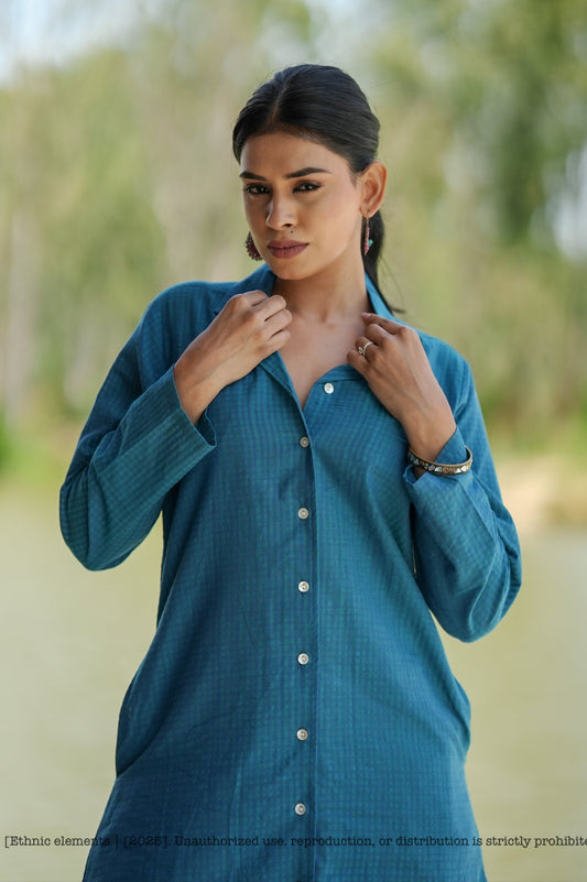 Stitched 2Pc Cotton Suit Set - Aqua Grid