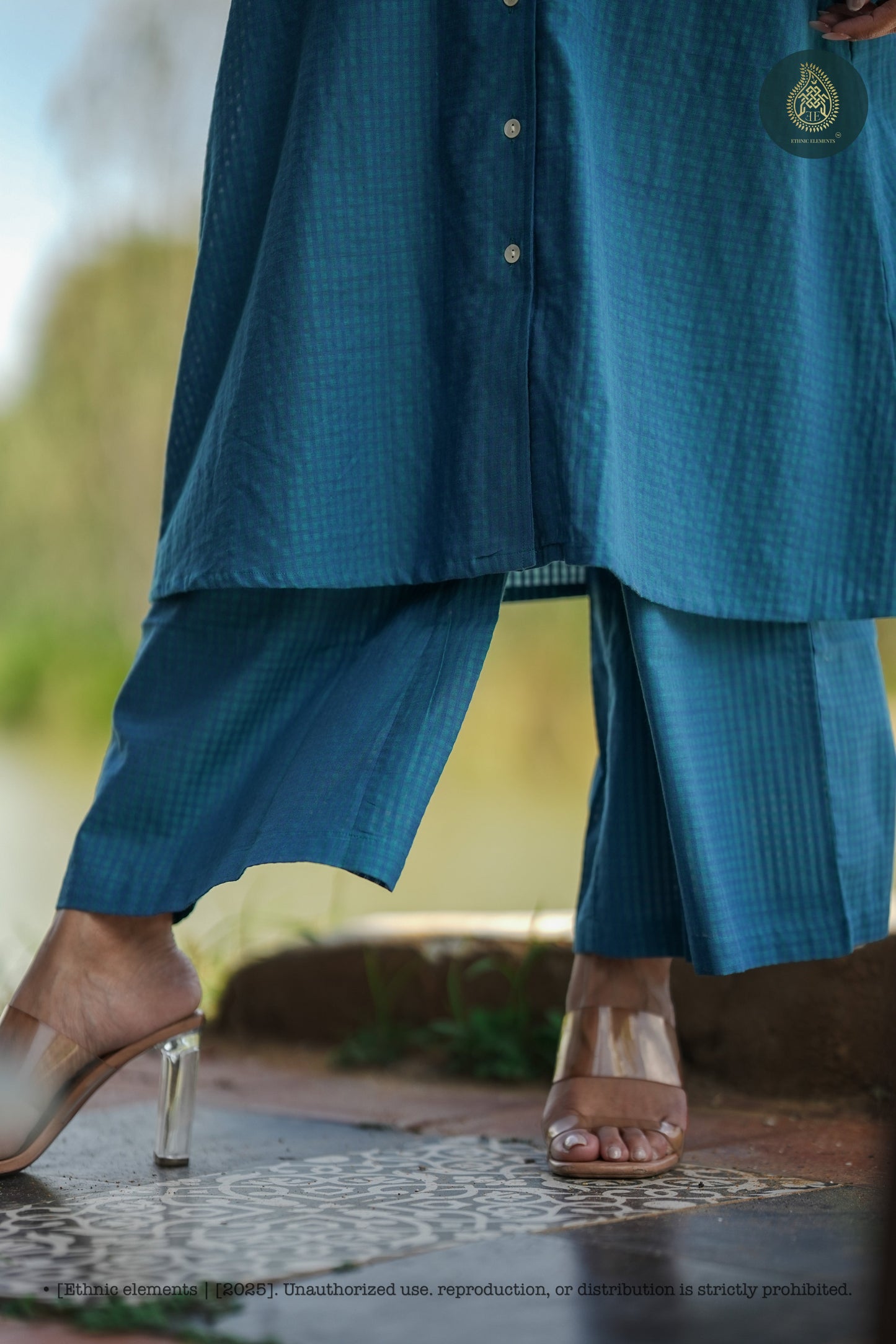 Stitched 2Pc Cotton Suit Set - Aqua Grid