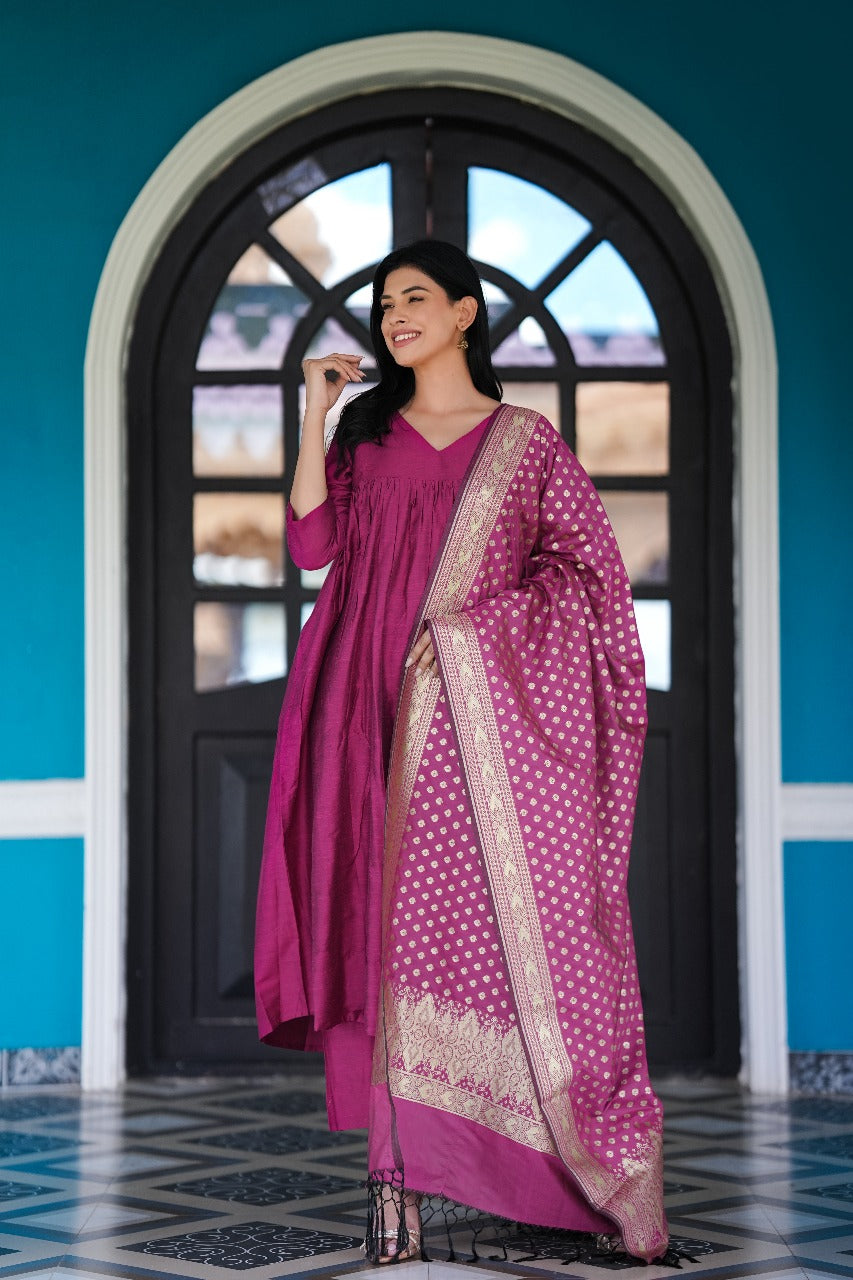 Magenta Stitched 3Pc Banarasi Cotton Silk Suit Set