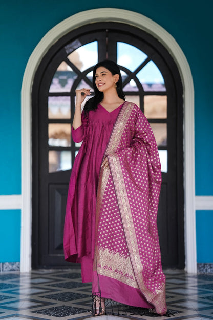 Magenta Stitched 3Pc Banarasi Cotton Silk Suit Set