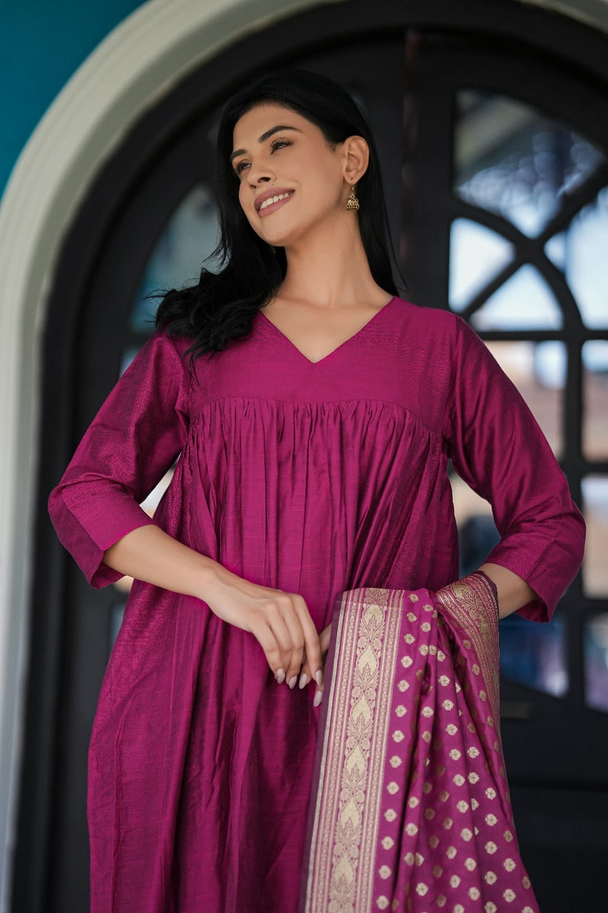 Magenta Stitched 3Pc Banarasi Cotton Silk Suit Set