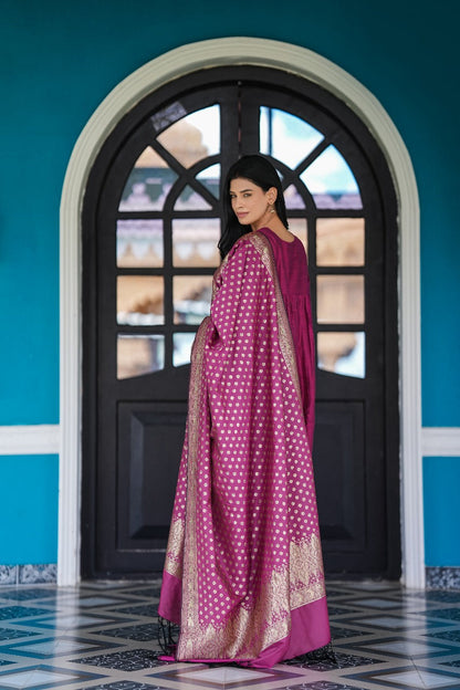 Magenta Stitched 3Pc Banarasi Cotton Silk Suit Set