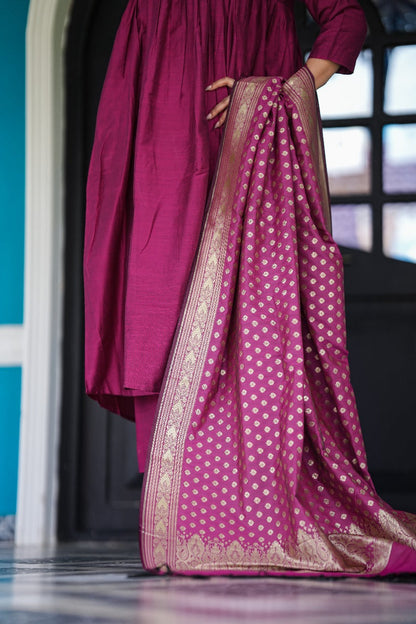 Magenta Stitched 3Pc Banarasi Cotton Silk Suit Set