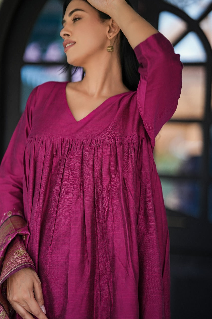 Magenta Stitched 3Pc Banarasi Cotton Silk Suit Set