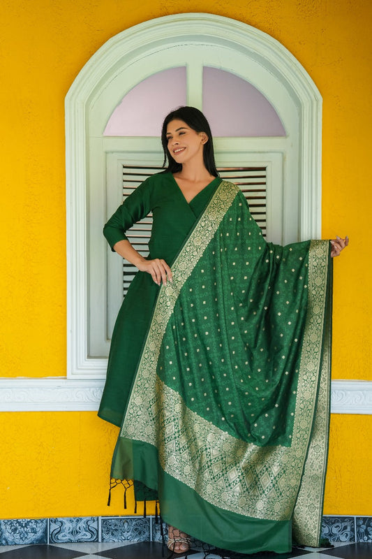Emerald Stitched 3Pc Banarasi Cotton Silk Suit Set