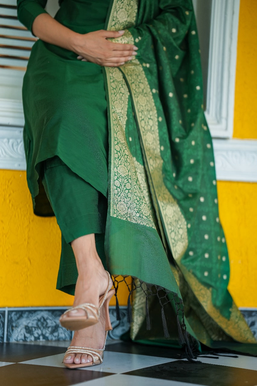 Emerald Stitched 3Pc Banarasi Cotton Silk Suit Set