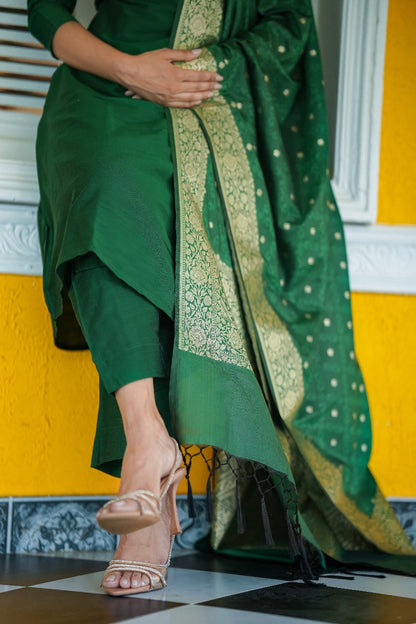Emerald Stitched 3Pc Banarasi Cotton Silk Suit Set
