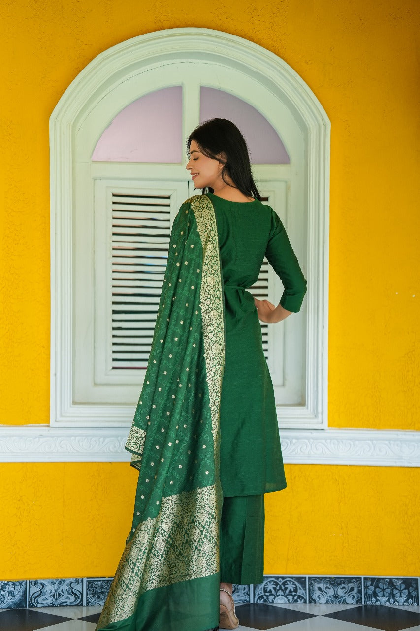 Emerald Stitched 3Pc Banarasi Cotton Silk Suit Set