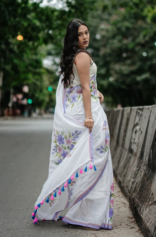 Mul Cotton Hand-Painted Floral Saree - Spring