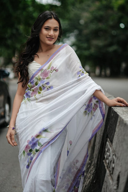 Mul Cotton Hand-Painted Floral Saree - Spring