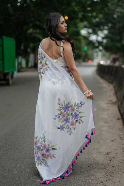 Mul Cotton Hand-Painted Floral Saree - Spring