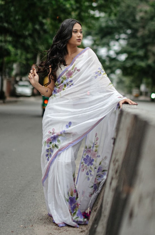 Mul Cotton Hand-Painted Floral Saree - Spring