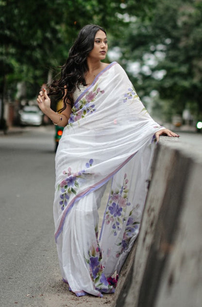 Mul Cotton Hand-Painted Floral Saree - Spring