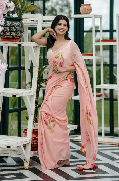 Mul Cotton Hand-Painted Tulip Saree - Peach