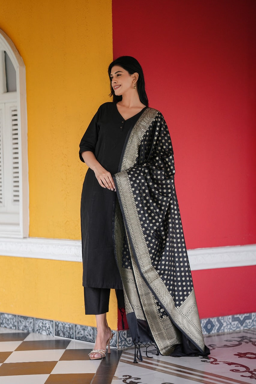 Stitched 3Pc Cotton Silk Suit Set Sable Black