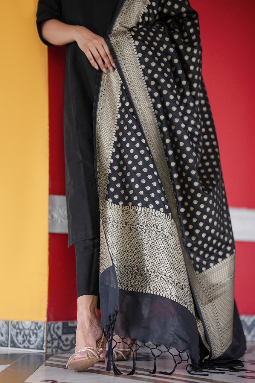 Stitched 3Pc Cotton Silk Suit Set Sable Black