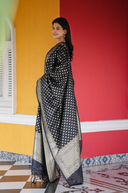 Stitched 3Pc Cotton Silk Suit Set Sable Black