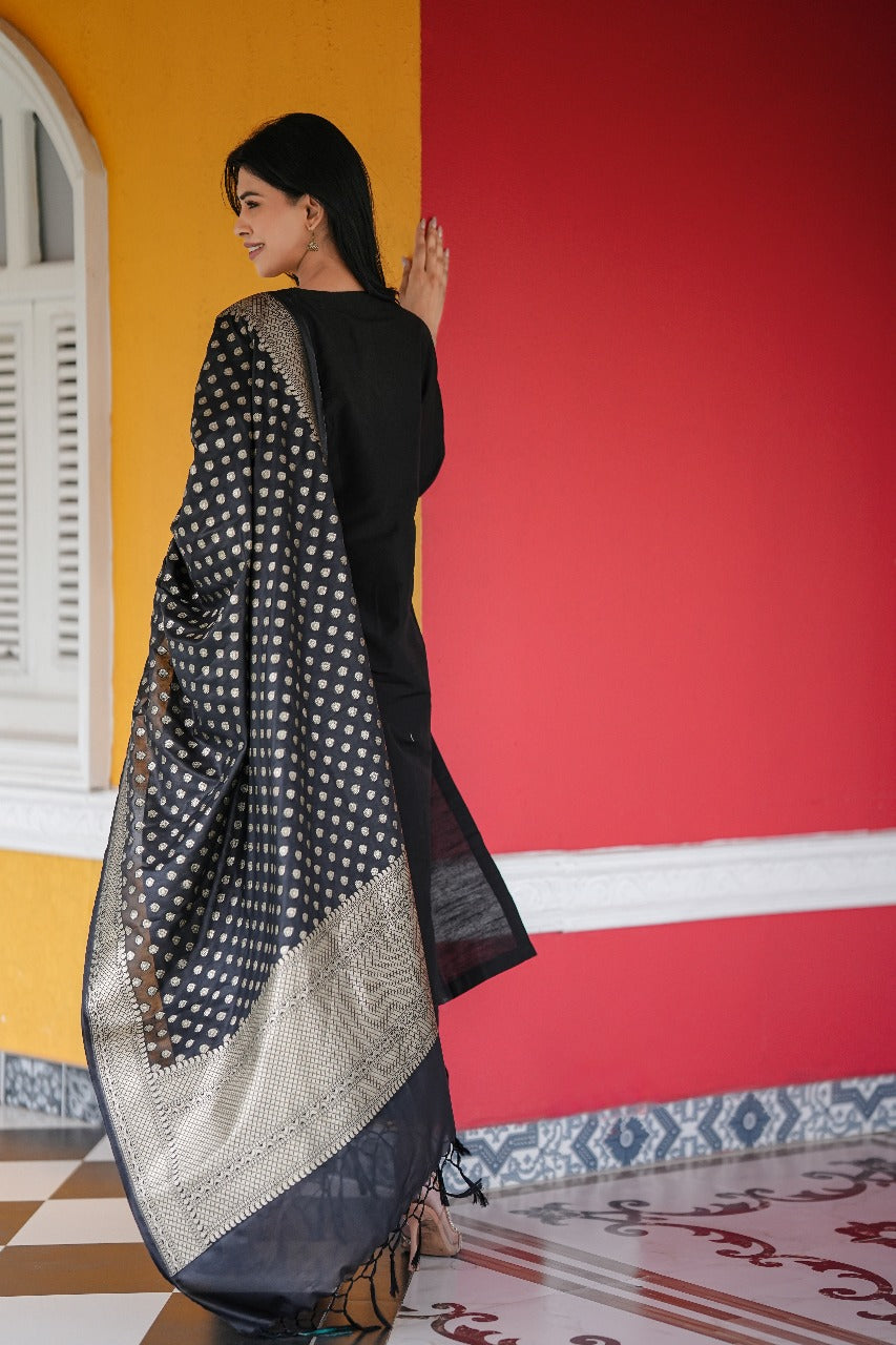 Stitched 3Pc Cotton Silk Suit Set Sable Black