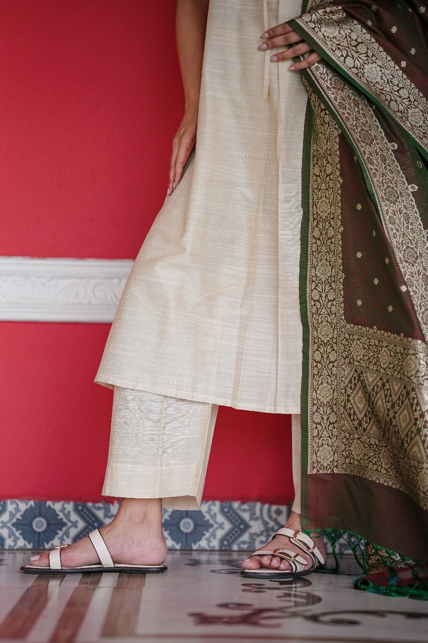 Stitched 3Pc Cotton Silk Suit Set Pearl White