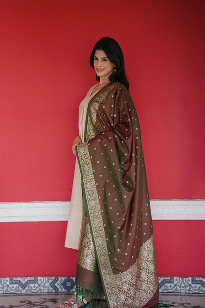 Stitched 3Pc Cotton Silk Suit Set Pearl White