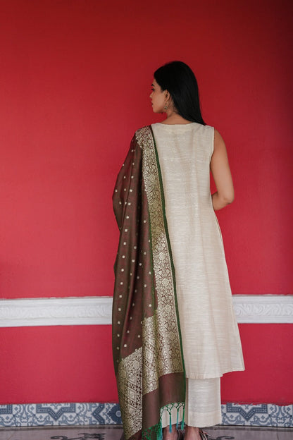 Stitched 3Pc Cotton Silk Suit Set Pearl White