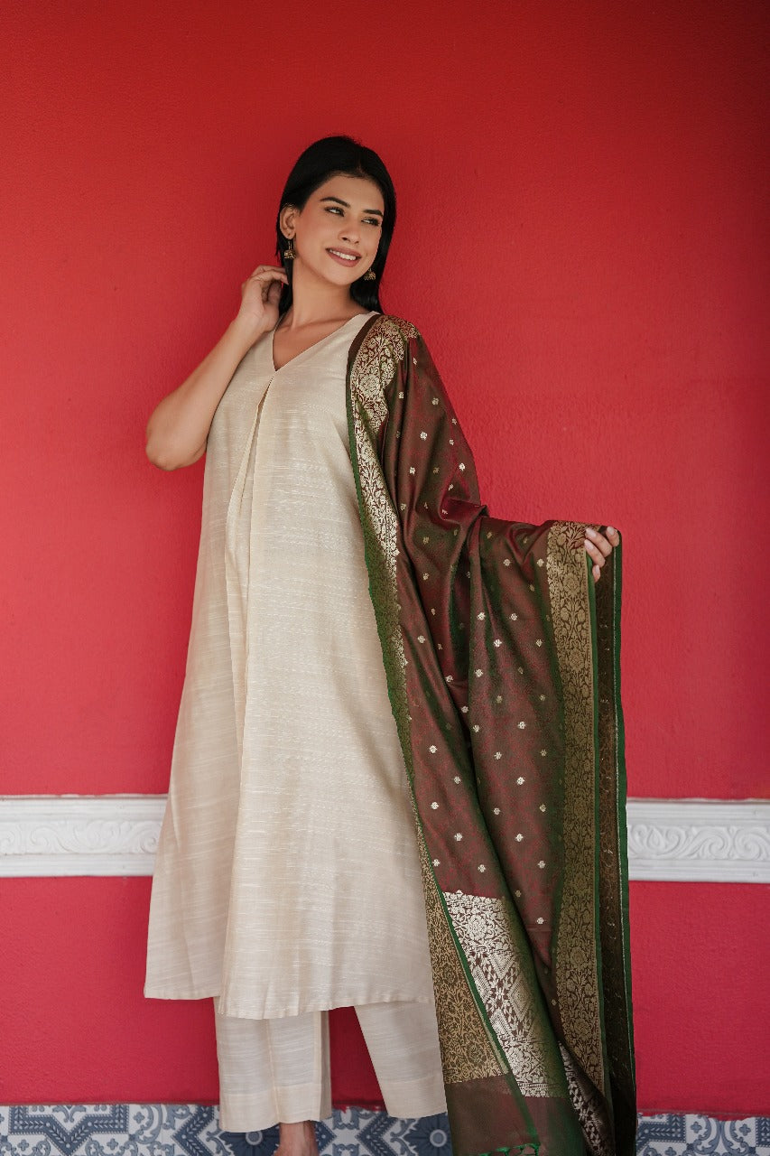Stitched 3Pc Cotton Silk Suit Set Pearl White