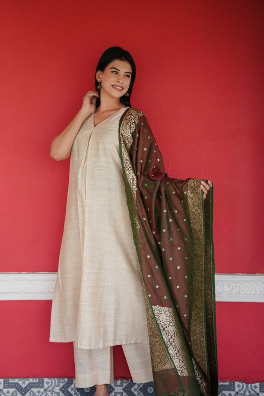 Stitched 3Pc Cotton Silk Suit Set Pearl White