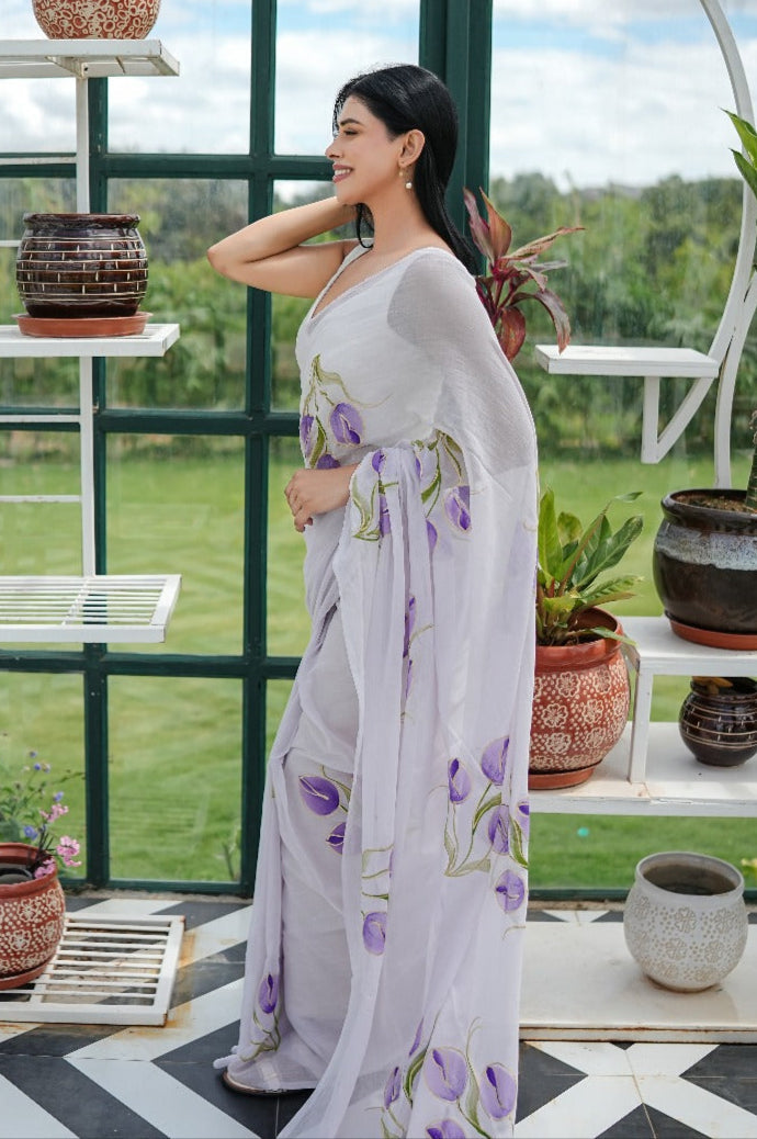 Lavender Tulip Mul Cotton Hand Painted Saree