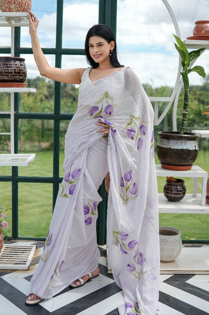 Lavender Tulip Mul Cotton Hand Painted Saree