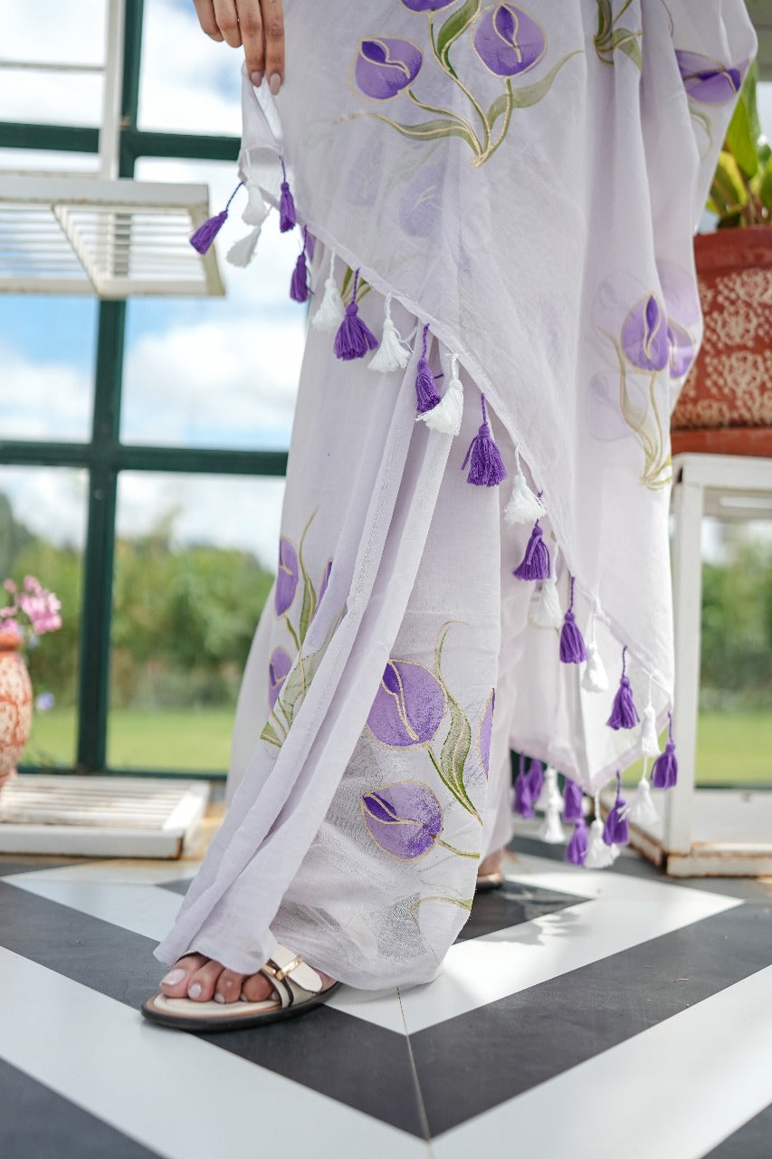 Lavender Tulip Mul Cotton Hand Painted Saree