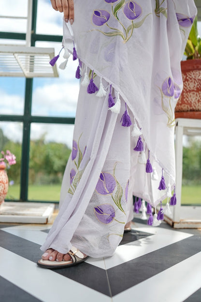 Lavender Tulip Mul Cotton Hand Painted Saree