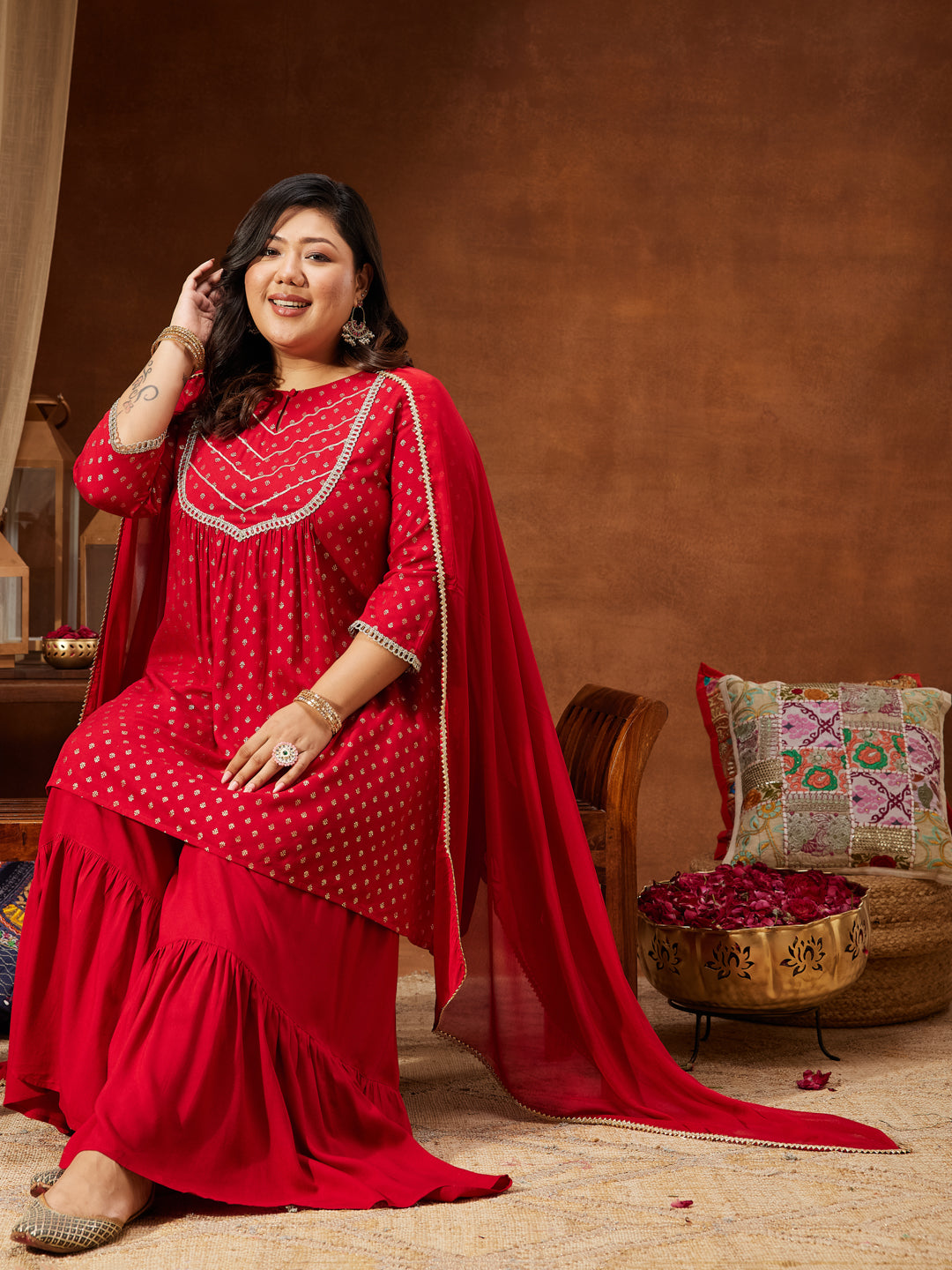 Janasya Women's Red Rayon Embellished Gold Printed A-line Kurta With Sharara & Dupatta Set