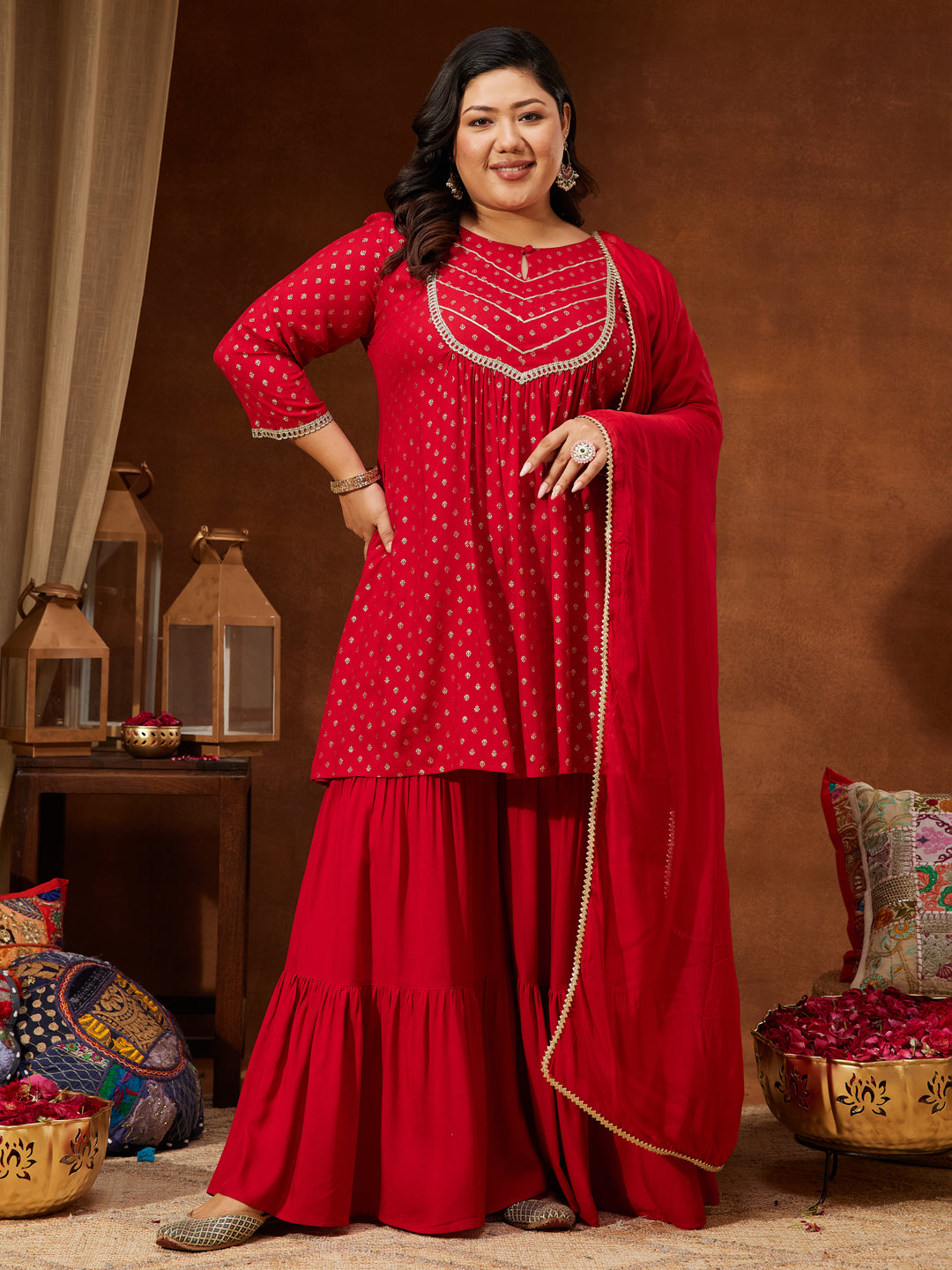 Janasya Women's Red Rayon Embellished Gold Printed A-line Kurta With Sharara & Dupatta Set