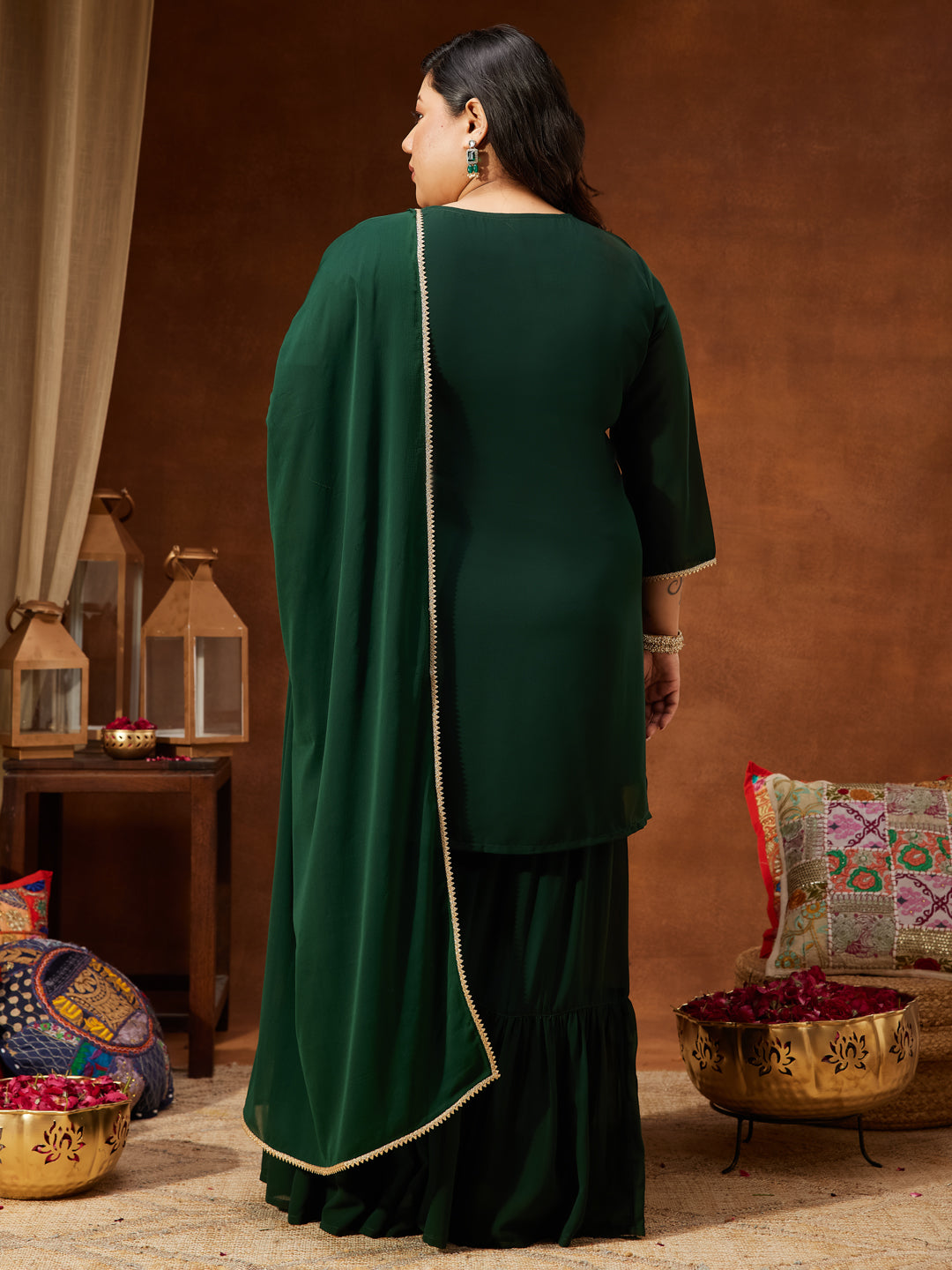 Janasya Women's Plus Size Dark Green Georgette Zari Embroidered Straight Kurti With Sharara & Dupatta Set