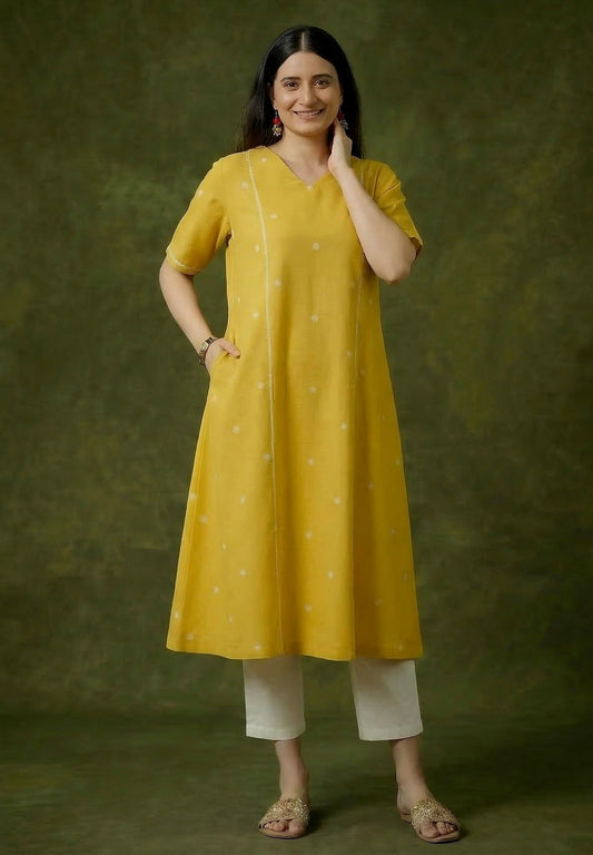 Haldi Dot Cord Set - Handloom Weaved Cotton 2Pc Set
