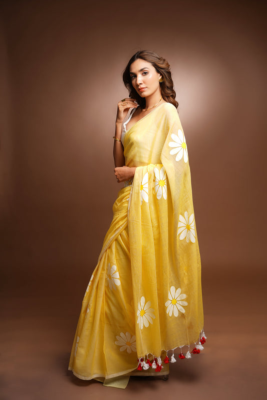 Hand Painted Cotton Saree - Heartbeat