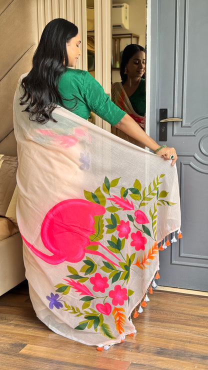 Chitramay - Hand Painted Mul Cotton Saree - Gulabi Rajhans
