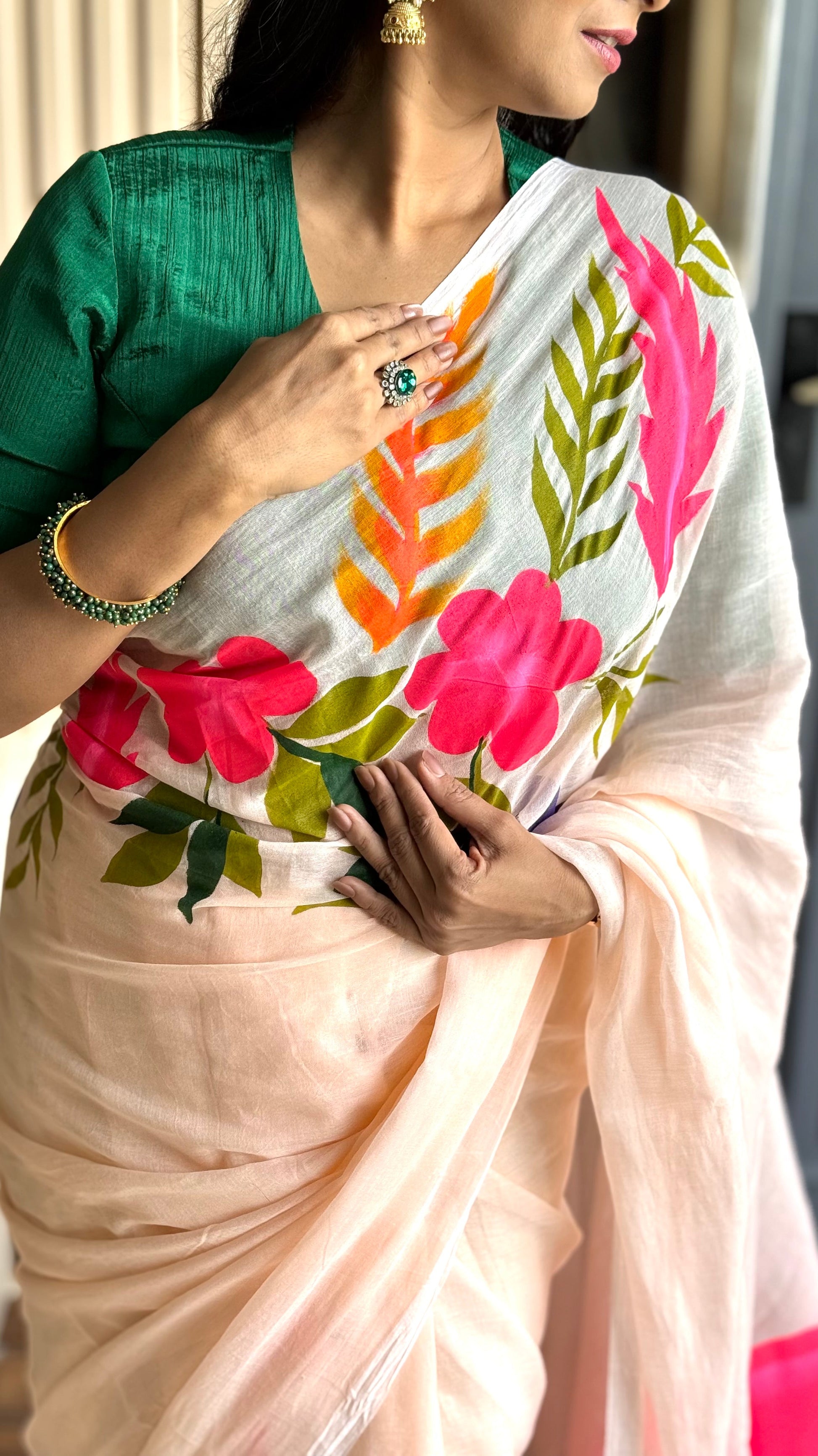 Chitramay - Hand Painted Mul Cotton Saree - Gulabi Rajhans