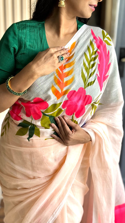 Chitramay - Hand Painted Mul Cotton Saree - Gulabi Rajhans