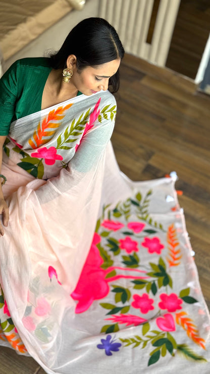 Chitramay - Hand Painted Mul Cotton Saree - Gulabi Rajhans