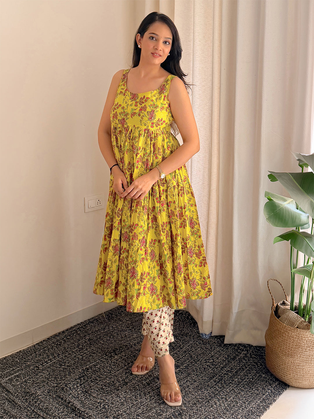 Mustard Cotton Floral Gathered Kurta Set