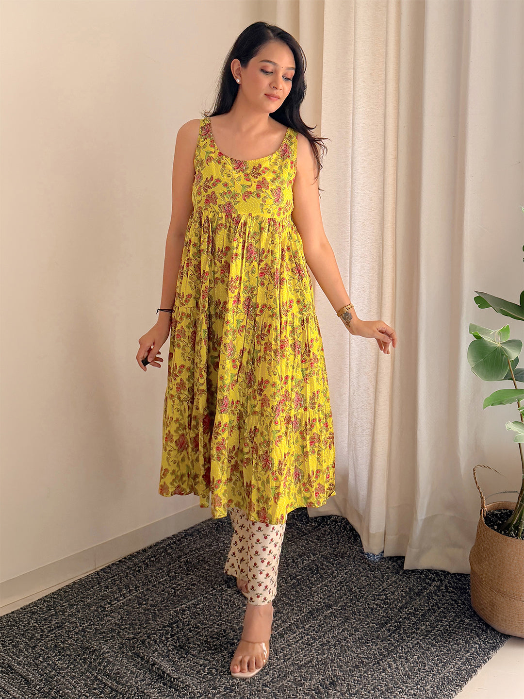 Mustard Cotton Floral Gathered Kurta Set