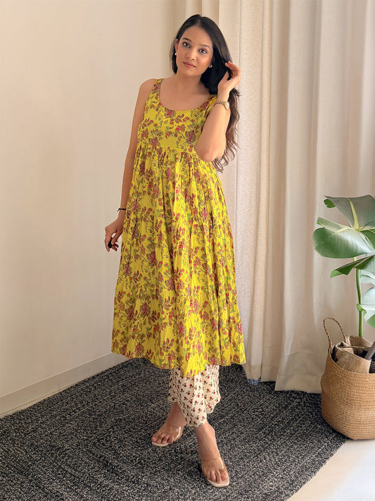 Mustard Cotton Floral Gathered Kurta Set