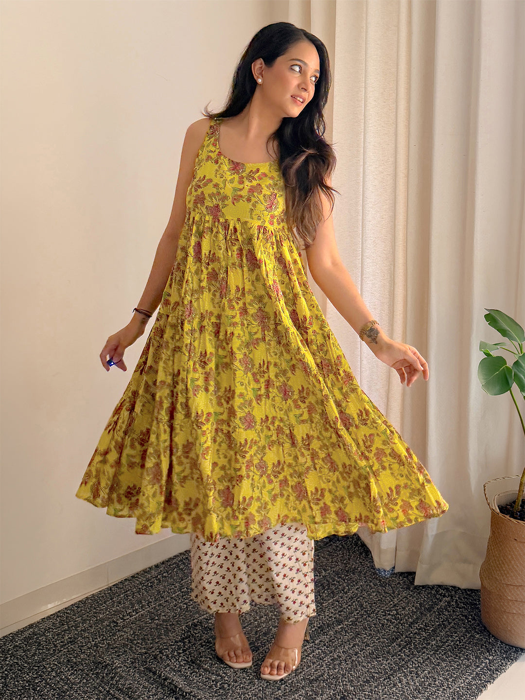 Mustard Cotton Floral Gathered Kurta Set