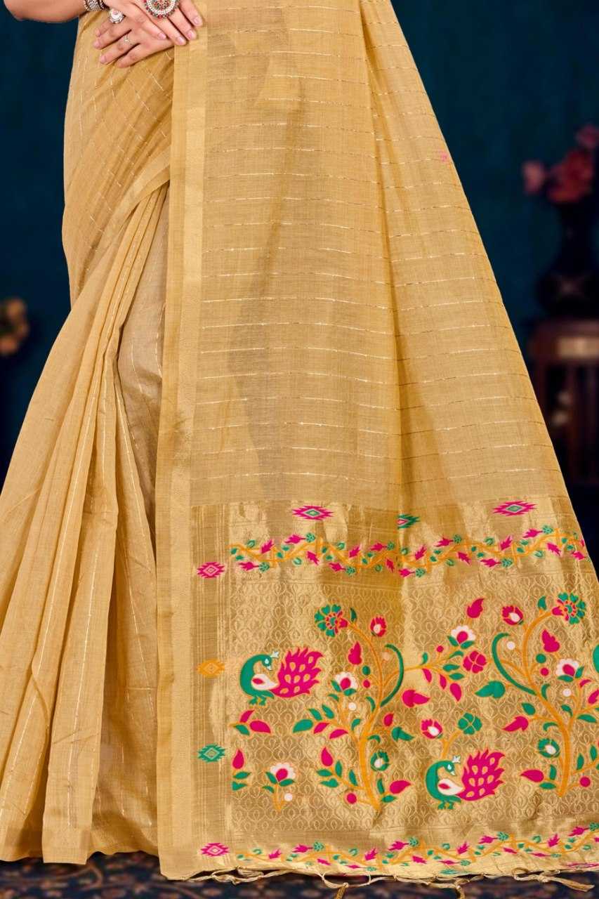 Beige saree with floral embroidery on a dark background