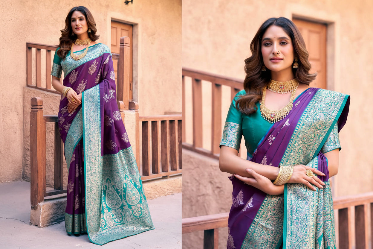 Woman wearing a purple and teal saree with jewelry, standing in front of a beige wall.