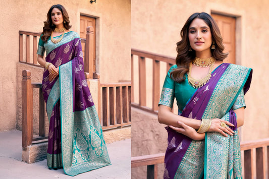 Woman wearing a purple and teal saree with jewelry, standing in front of a beige wall.