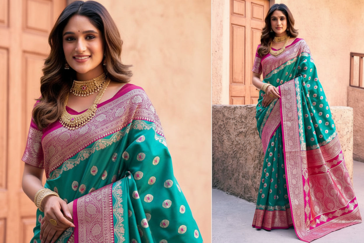 Woman wearing a green and pink saree with gold patterns, standing against a peach-colored wall.