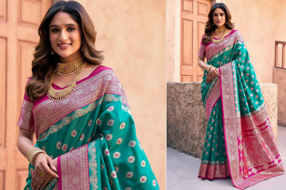 Woman wearing a green and pink saree with gold patterns, standing against a peach-colored wall.