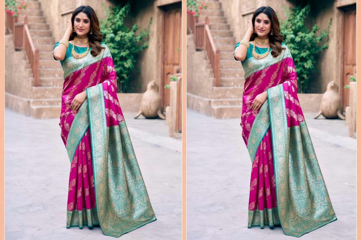 Woman wearing a pink and green saree with 'Gobuni' branding in the corner.